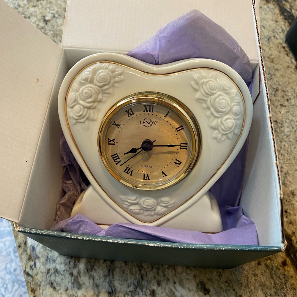 Lenox porcelain heart clock with roses-new in box
